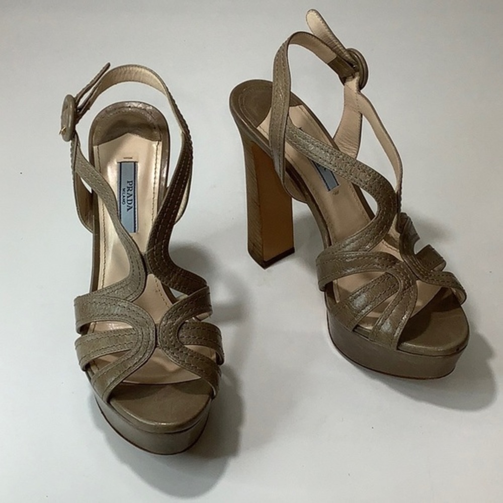 Prada open toe cutouts platform leather slingback taupe heels size 7 EUC
